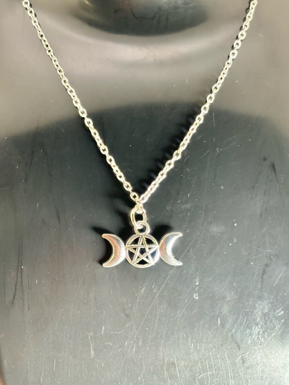 Triple Moon Pentacle Necklace Silver Tone | Wicca Pagan Witchy Celestial Jewelry